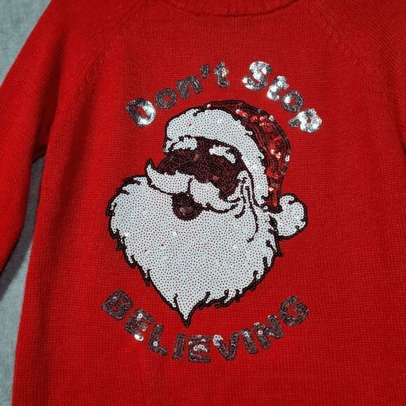 POOF Sweater Womens Small Red Sequin Santa Merry Christmas Don't Stop Believing - Picture 5 of 7